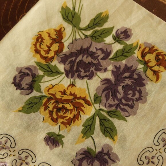 Vintage Handkerchief, Purple and Yellow Roses Flower Print Cotton Hankie - Picture 3 of 12